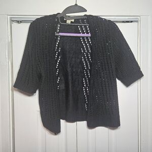 ONE WORLD Black Open-Front Cropped Shrug Cardigan Sweather - Large